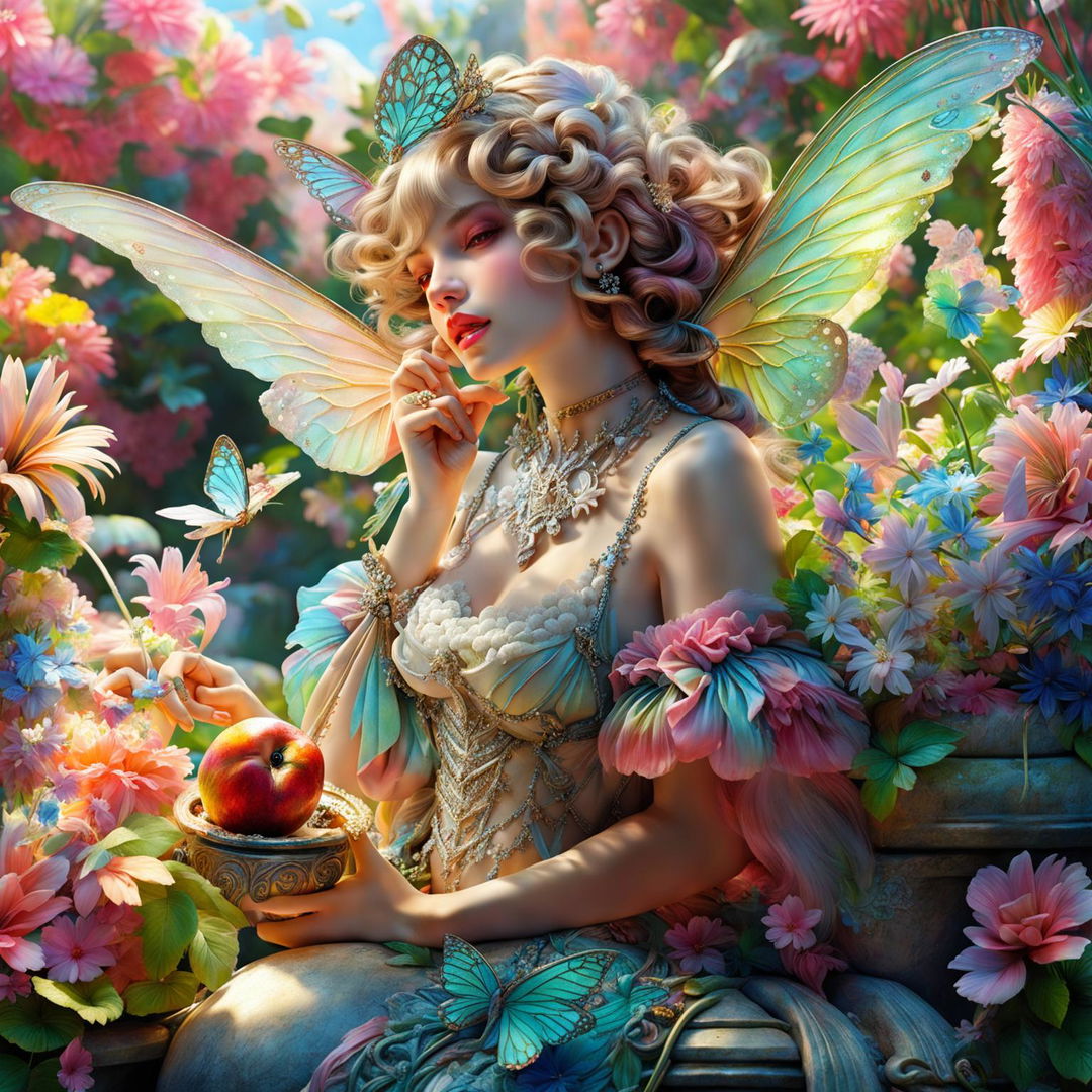 A 3D Rococo fairy eating a peach in a vibrant garden under warm sunlight, surrounded by colourful flowers and butterflies.