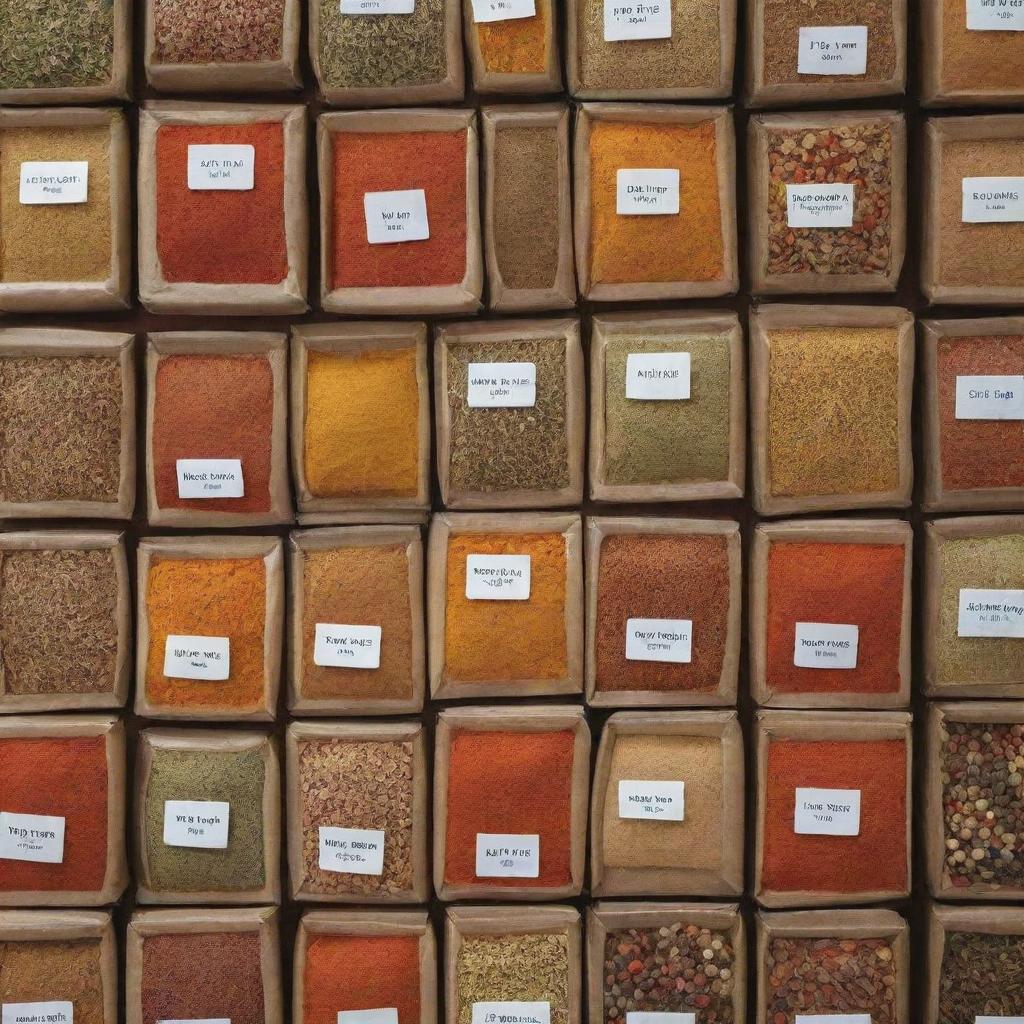 A variety of colorful, well-arranged spice packets displayed invitingly for an e-commerce store advertisement.