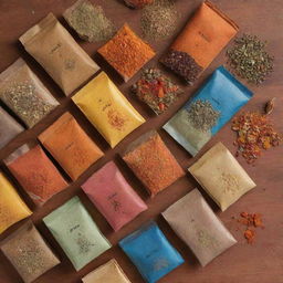 A variety of colorful, well-arranged spice packets displayed invitingly for an e-commerce store advertisement.