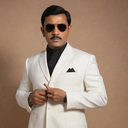 Malayalam actor Jayan dressed as James Bond. He's standing in front of an Oppenheimer-themed background, with aviator sunglasses on and a cigar perched in his mouth.