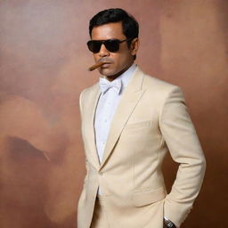 Malayalam actor Jayan dressed as James Bond. He's standing in front of an Oppenheimer-themed background, with aviator sunglasses on and a cigar perched in his mouth.