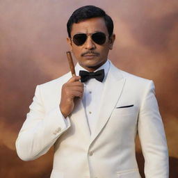 Malayalam actor Jayan dressed as James Bond. He's standing in front of an Oppenheimer-themed background, with aviator sunglasses on and a cigar perched in his mouth.