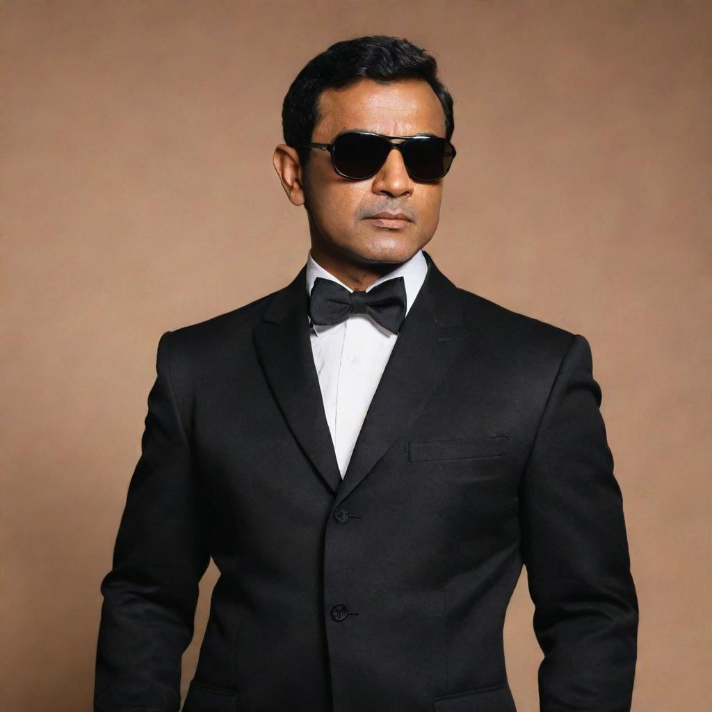 Malayalam actor Jayan dressed as James Bond. He's standing in front of an Oppenheimer-themed background, with aviator sunglasses on and a cigar perched in his mouth.