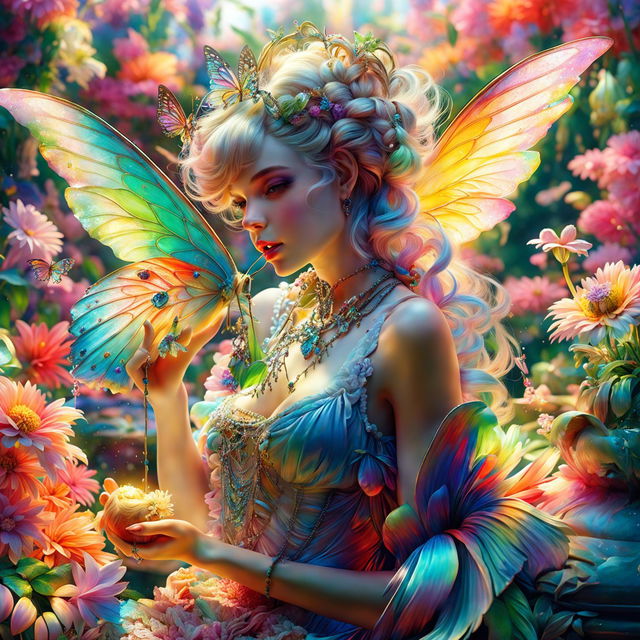 A 3D Rococo fairy eating a peach in a vibrant garden under warm sunlight, surrounded by colourful flowers and butterflies.