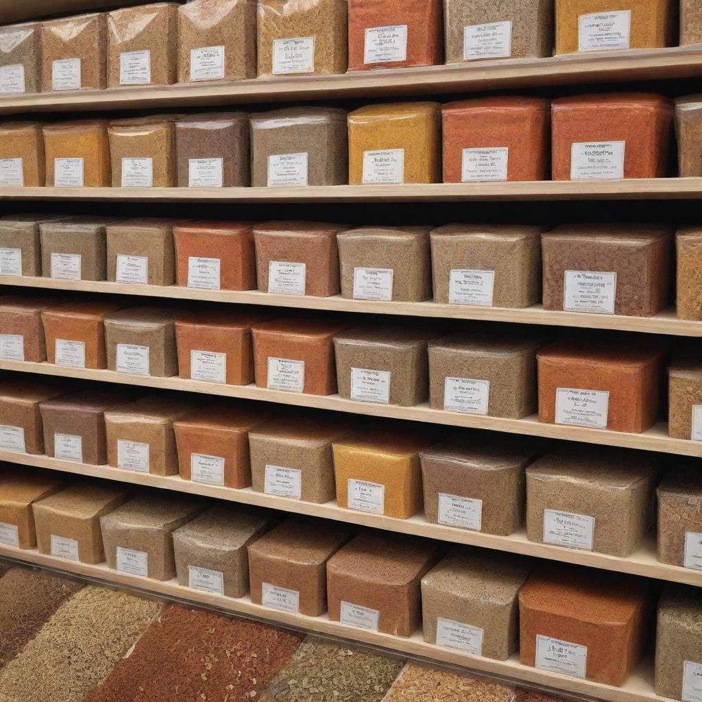 Variety of spices packets arranged in an attractive display for an ecommerce store advertisement. The scene includes vibrant and diverse spice packets with clear labels.