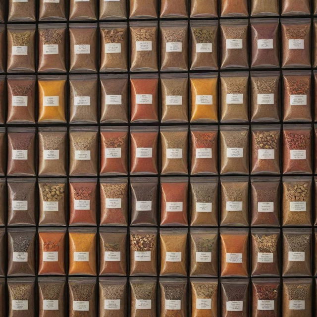Variety of spices packets arranged in an attractive display for an ecommerce store advertisement. The scene includes vibrant and diverse spice packets with clear labels.