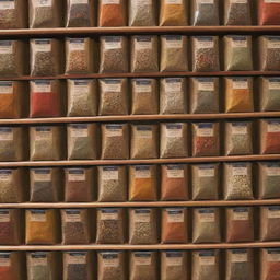 Variety of spices packets arranged in an attractive display for an ecommerce store advertisement. The scene includes vibrant and diverse spice packets with clear labels.