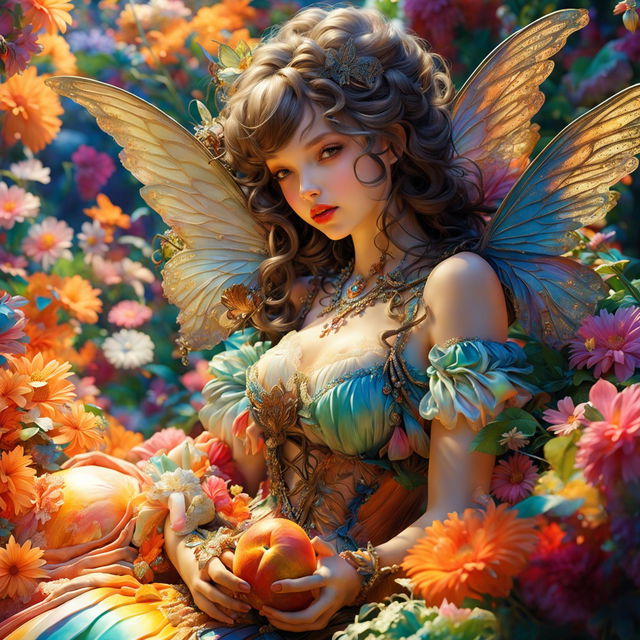 A hyper-realistic 3D Rococo fairy savors a ripe peach in a vibrant garden under warm sunlight, surrounded by colorful flowers and insects.