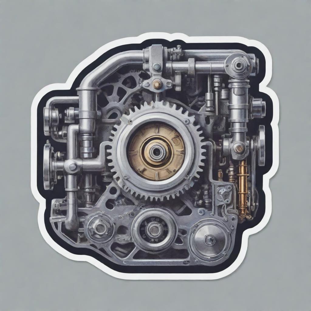 A sticker-style image inspired by mechanical engineering featuring a detailed engine.