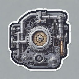 A sticker-style image inspired by mechanical engineering featuring a detailed engine.