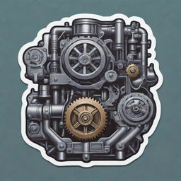 A sticker-style image inspired by mechanical engineering featuring a detailed engine.