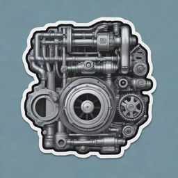 A sticker-style image inspired by mechanical engineering featuring a detailed engine.