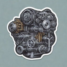 A sticker-style image inspired by mechanical engineering featuring a detailed engine.