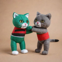 Two playful cats made of soft doll material, one adorned with the vivid colors of the Tanzanian flag and the other with the bright hues of the Kenyan flag, engaging in a friendly wrestling match.