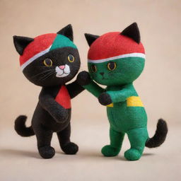 Two playful cats made of soft doll material, one adorned with the vivid colors of the Tanzanian flag and the other with the bright hues of the Kenyan flag, engaging in a friendly wrestling match.