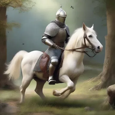 In the magical land of Netherwood, the brave knight rode into battle on the back of his loyal domestic dog.