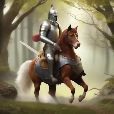 In the magical land of Netherwood, the brave knight rode into battle on the back of his loyal domestic dog.