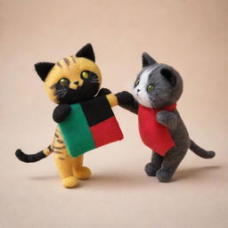 Two playful cats made of soft doll material, one adorned with the vivid colors of the Tanzanian flag and the other with the bright hues of the Kenyan flag, engaging in a friendly wrestling match.