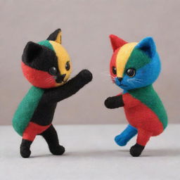 Two playful cats made of soft doll material, one adorned with the vivid colors of the Tanzanian flag and the other with the bright hues of the Kenyan flag, engaging in a friendly wrestling match.