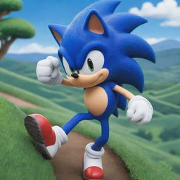 A full figure of Sonic the Hedgehog in his classic design, in vivid shades of blue and white, running speedily with a background of Green Hill Zone.