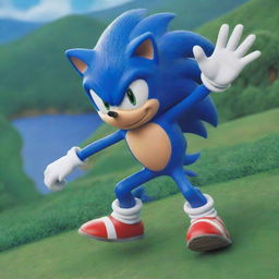 A full figure of Sonic the Hedgehog in his classic design, in vivid shades of blue and white, running speedily with a background of Green Hill Zone.