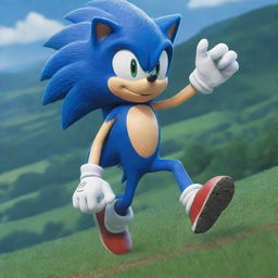 A full figure of Sonic the Hedgehog in his classic design, in vivid shades of blue and white, running speedily with a background of Green Hill Zone.