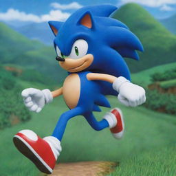 A full figure of Sonic the Hedgehog in his classic design, in vivid shades of blue and white, running speedily with a background of Green Hill Zone.