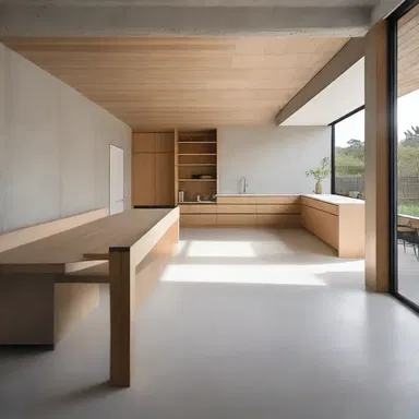 The minimalist home design emphasized open spaces and honest materials such as wood and concrete.