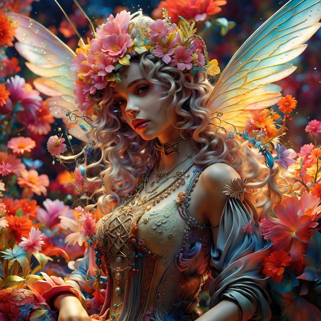 A hyper-realistic 3D Rococo fairy surrounded by a vibrant garden under warm light.