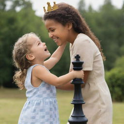 A joyful child tightly embracing a towering chess queen piece, set in an outside scenario