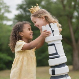 A joyful child tightly embracing a towering chess queen piece, set in an outside scenario