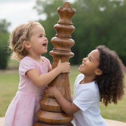 A joyful child tightly embracing a towering chess queen piece, set in an outside scenario