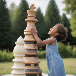 A joyful child tightly embracing a towering chess queen piece, set in an outside scenario