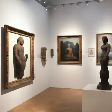 The artist adorned the gallery with vendable paintings and sculptures.