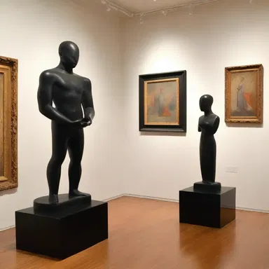 The artist adorned the gallery with vendable paintings and sculptures.