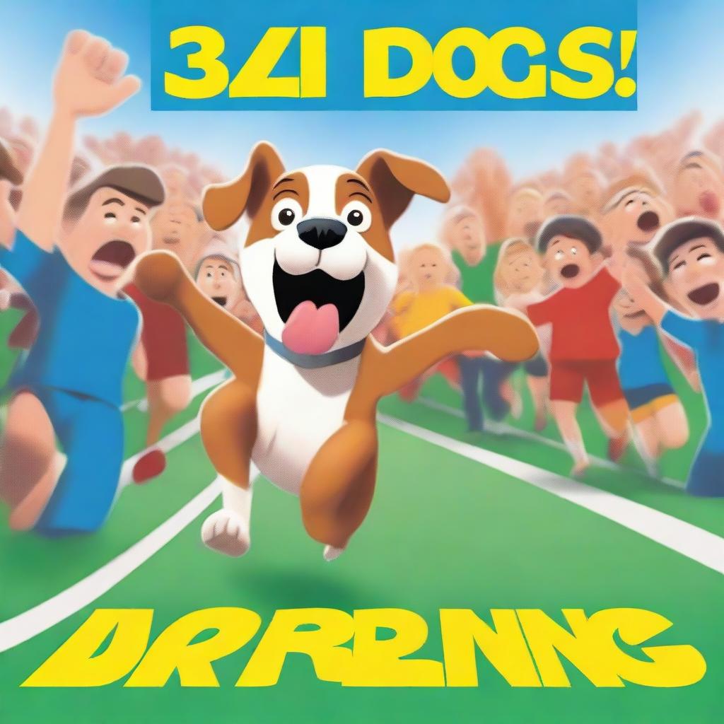 This is a high-quality digital art image of a jubilant dog crossing the finish line, with a crowd cheering in the background