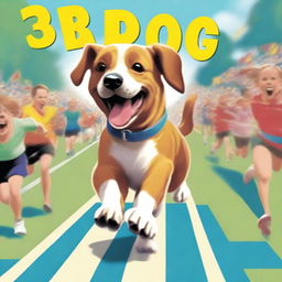 This is a high-quality digital art image of a jubilant dog crossing the finish line, with a crowd cheering in the background