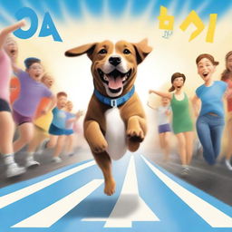 This is a high-quality digital art image of a jubilant dog crossing the finish line, with a crowd cheering in the background