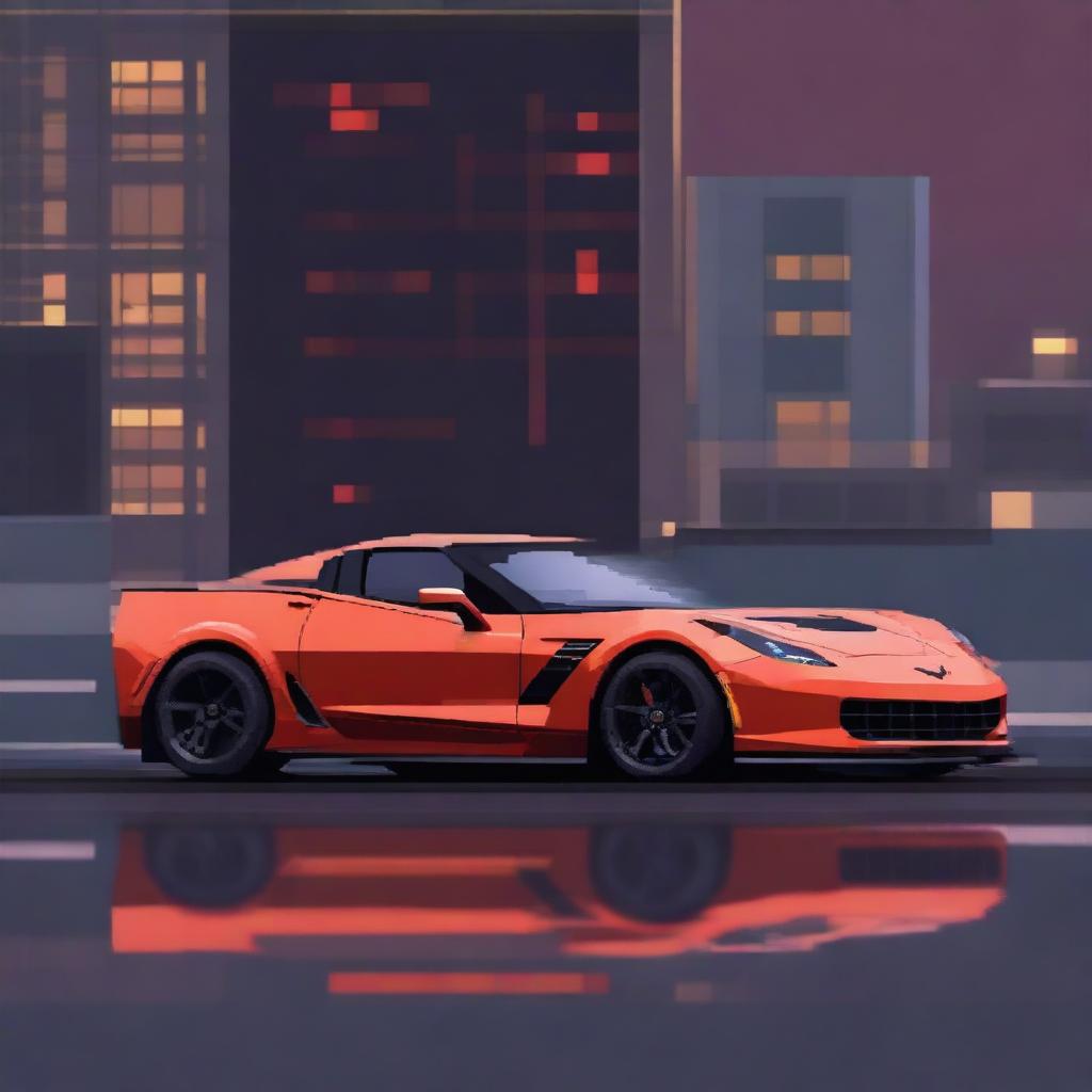 A pixel art representation of a full C8 Corvette Z06 in a nocturnal city setting, viewed from a three-quarter front angle