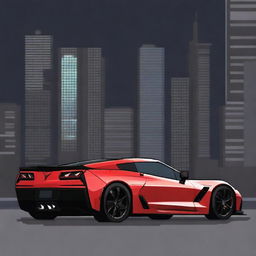 A pixel art representation of a full C8 Corvette Z06 in a nocturnal city setting, viewed from a three-quarter front angle