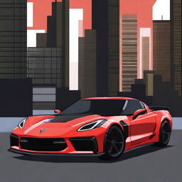 A pixel art representation of a full C8 Corvette Z06 in a nocturnal city setting, viewed from a three-quarter front angle