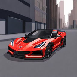 A pixel art representation of a full C8 Corvette Z06 in a nocturnal city setting, viewed from a three-quarter front angle