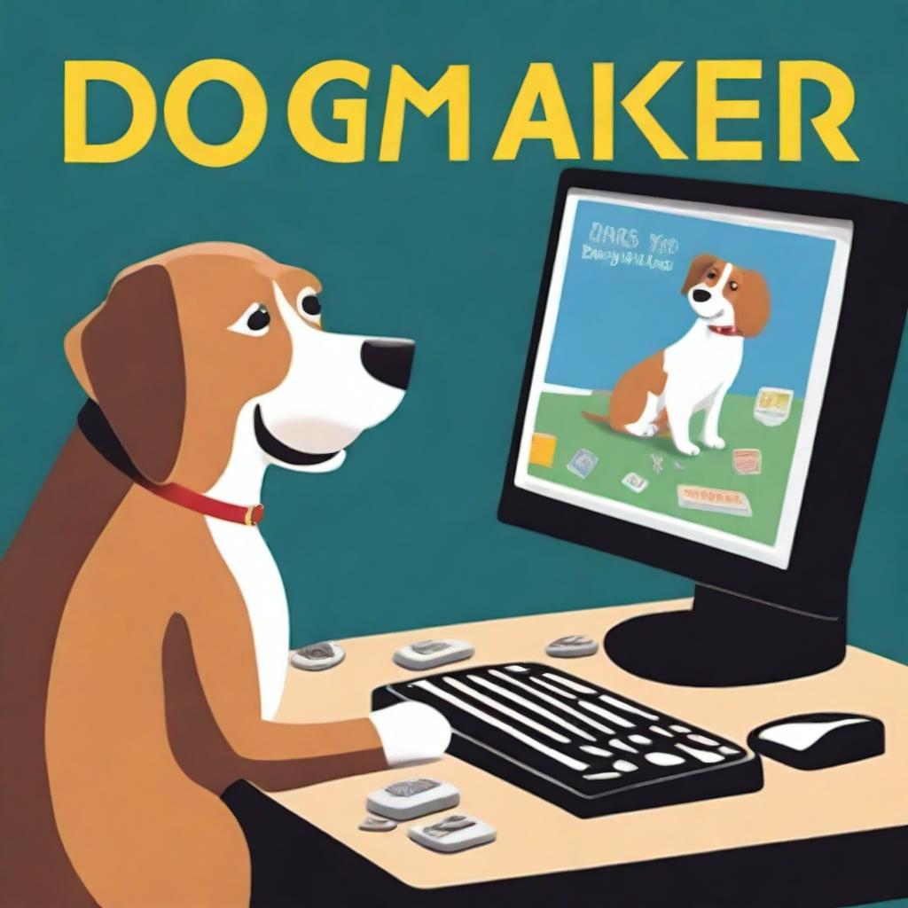 This is a high-quality digital art image of a dog sitting in front of a computer, intently programming a game