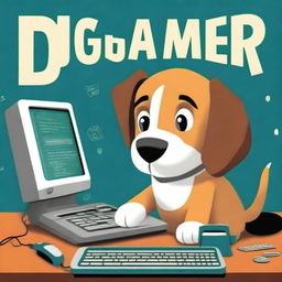 This is a high-quality digital art image of a dog sitting in front of a computer, intently programming a game