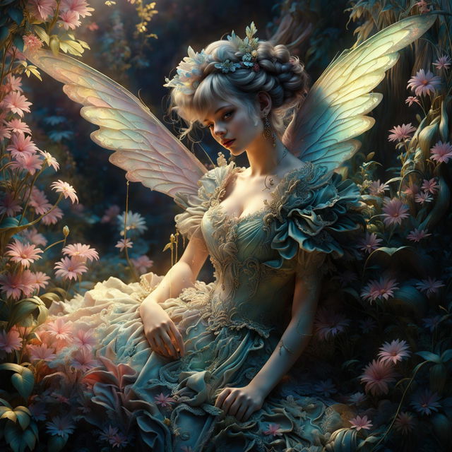 A hyper-realistic 3D rococo fairy in a forest, with dramatic light filtering through the trees, a flower aesthetic, and a melancholic vibe.