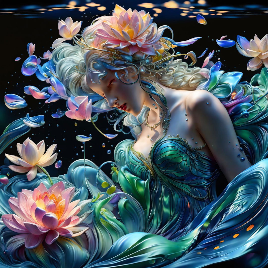 Hyper-realistic 3D Rococo water nymph with vibrant colors, surrounded by water lilies and bubbles in a water aesthetic environment.