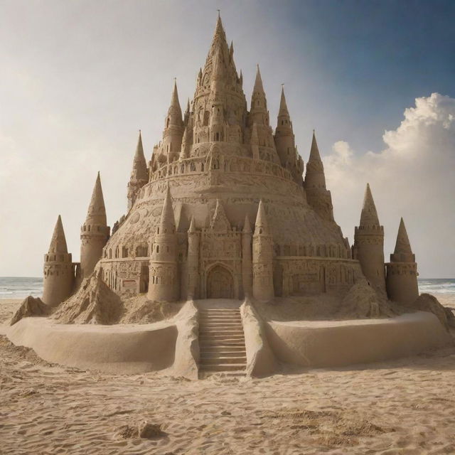 A colossal, majestic sand castle with intricate medieval designs, dwarfing celestial bodies such as the Earth, Jupiter, and even the Sun in its magnitude.