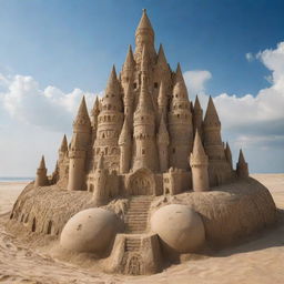 A colossal, majestic sand castle with intricate medieval designs, dwarfing celestial bodies such as the Earth, Jupiter, and even the Sun in its magnitude.