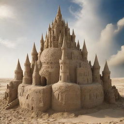 A colossal, majestic sand castle with intricate medieval designs, dwarfing celestial bodies such as the Earth, Jupiter, and even the Sun in its magnitude.