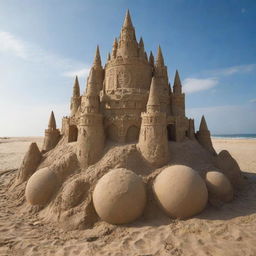 A colossal, majestic sand castle with intricate medieval designs, dwarfing celestial bodies such as the Earth, Jupiter, and even the Sun in its magnitude.